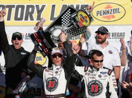 Kevin Harvick celebrates his second consecutive NASCAR Cup victory after the Pennzoil 400 at the Las Vegas Motor Speedway. (Image: Brian Lawdermilk/Getty)