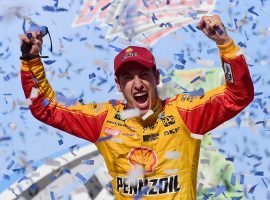 Joey Logano celebrates snapping a year-long losing streak on Sunday after winning the Geico 500 at Talladega. (Image: Jared C. Tilton/Getty)