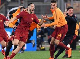 Roma celebrates after defeating Barcelona 3-0 to complete one of the most unlikely comebacks in Champions League history. (Image: Ettore Ferrari/EPA-EFE/REX/Shutt)