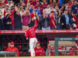 Shohei Ohtani salutes Angels fans after hitting a three-run home run in his first at-bat against the Cleveland Indians. (Image: Paul Rodriguez/Pasadena Star News)
