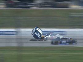 Jamie McMurray’s car goes airborne in Friday’s practice, but the driver was unhurt and will race on Sunday. (Image: YouTube)