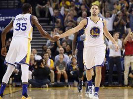 Golden State’s Kevin Durant, left, and Klay Thompson are picking up the slack while injured teammate Stephen Curry heals from a knee injury. (Image: Getty)