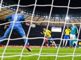 Brazil’s Gabriel Jesus heads in a shot to score the only goal in a friendly match against Germany on March 26. (Image: AFP/Getty)
