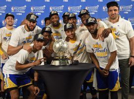The Golden State Warriors celebrate winning the 2017 Western Conference finals. While the Warriors haven’t won the 2018 conference finals yet, the Golden Nugget is already paying out bets on the team. (Image: Jose Carlos Fajardo/Bay Area News Group)