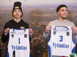 LaMelo, left, and brother LiAngelo Ball show off their jerseys for the BC Vytautas team, but the two left the squad last week. (Image: AP)