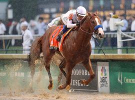 Justify won the Kentucky Derby by more than two lengths and is now the +150 favorite to win the second leg of the Triple Crown the Preakness on May 19. (Image: Getty)