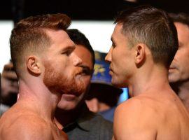 Canelo Alvarez (left) and Gennady Golovkin (right) stare each other down in during the weigh-in before their September 2017 fight which ended in a draw. (Image: Joe Camporeale/USA TODAY Sports)