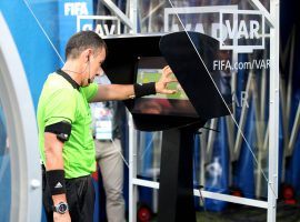Referee Joel Aguilar takes a look at VAR footage before awarding Sweden a penalty in their 1-0 victory over South Korea at the 2018 World Cup. (Image: Adam Pretty/Getty)