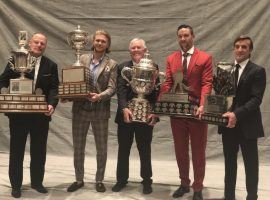 From left: Vegas Golden Knights Coach Gerard Gallant, forward William Karlsson, Owner Bill Foley, defenseman Deryk Engelland, and General Manager George McPhee pose with some of the awards they picked up at the NHL Awards ceremony on Tuesday. (Image: Twitter/Golden Knights)