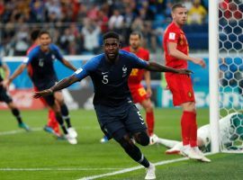 Samuel Umtiti celebrates after scoring the only goal in France’s 1-0 win over Belgium in their semifinal match at the 2018 FIFA World Cup. (Image: AP)