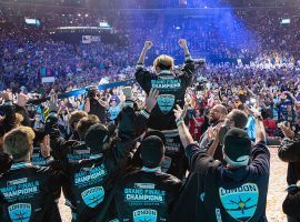 The London Spitfire celebrate winning the inaugural Overwatch League championship at the Barclays Center in Brooklyn. (Image: Blizzard Entertainment)