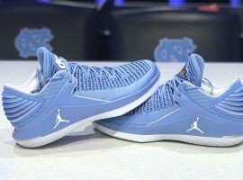 Caption 1: Player exclusive shoes, like these Air Jordan 32s made for the 2017-18 University of North Carolina basketball team, can fetch high prices from collectors. (Image: Shea Rush/Twitter)