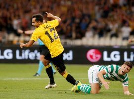 Rodrigo Galo celebrates after scoring the opening goal in AEK Athens’ 2-1 victory over Celtic in the second leg of their Champions League qualifying match. (Image: Reuters)