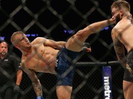 T.J. Dillashaw (left) lands a kick against Cody Garbrandt in their fight at UFC 217. The two will meet for a rematch at Saturday’s UFC 227. (Image: Getty)