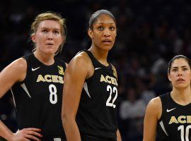 Las Vegas Aces players – including Carolyn Swords (8), A’ja Wilson (22), and Kelsey Plum (10) – chose not to play against the Washington Mystics last Friday, leading the WNBA to declare the game a forfeit. (Image: Quinn Harris/Icon Sportswire)
