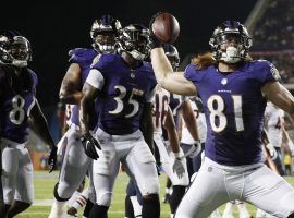 Rookie tight end Hayden Hurst celebrates with teammates after scoring a touchdown in the Baltimore Ravens victory over the Chicago Bears in the NFL Hall of Fame Game. (Image: Getty)