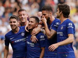 Chelsea players celebrate during their 4-1 victory over Cardiff City on Saturday, the club’s fifth consecutive win to open the EPL season. (Image: Getty)