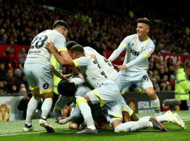 Derby County players celebrated a win over Manchester United in the Carabao Cup on Tuesday, beating the Premier League giants on penalties after fighting to a 2-2 draw in regulation. (Image: Getty)