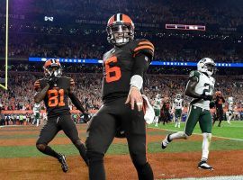 Browns quarterback Baker Mayfield celebrates after a 2-point conversion reception tied Thursday's game 14-14. The Browns went on to beat the New York Jets 21-17 for the team's first win since Christmas Eve 2016. (Photo: Getty Images)