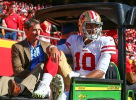 San Francisco 49ers quarterback Jimmy Garoppolo will miss the remainder of the 2018 NFL season after suffering an ACL tear on Sunday. (Image: Jay Biggerstaff/USA Today Sports)