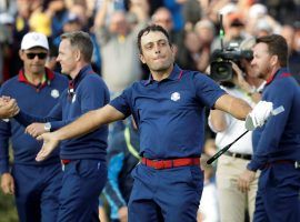 Europe’s Francesco Molinari celebrates after winning his second match with partner Tommy Fleetwood on Day 1 of the 2018 Ryder Cup. (Image: Matt Dunham/AP)