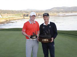 Justin Potwora, left, poses with Champions Tour Bernhard Langer at last year’s PURE Insurance Championship. (Image: First Tee)
