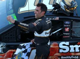 Aric Almirola celebrates his first victory of the 2018 NASCAR Cup Series season after winning on Sunday at Talladega Superspeedway. (Image: Matt Sullivan/Getty)