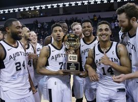 The Austin Spurs celebrate after winning the 2017-18 G League Finals over the Raptors 905. (Image: Chris Covatta/NBAE/Getty)