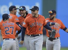 Houston Astros players celebrate after completing a sweep of the Cleveland Indians in the 2018 ALDS. (Image: AP/David Dermer)