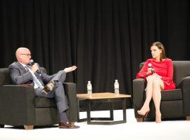 G2E featured numerous panels on sports betting, including a session with ESPN’s Scott Van Pelt (left) and the AGA’s Sara Slane (right). (Image: CDC Gaming Reports)