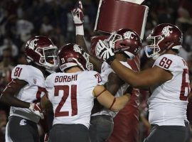 Washington State football players celebrate their victory over Stanford that catapulted them to No. 10 in the AP Top 25 College Football Poll. (Image: AP)