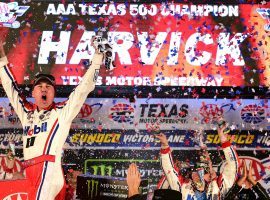 Kevin Harvick celebrates after winning the AAA Texas 500 and clinching a position in the NASCAR Championship 4. (Image: Getty)