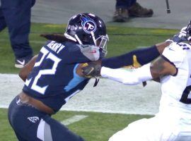 Derrick Henry from the Tennessee Titans stiff arms AJ Bouye from the Jacksonville Jaguars during his record-tying touchdown run. (Image: YouTube)