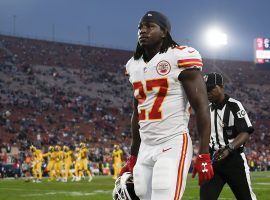 Chiefs' running back Kareem Hunt walks off the field during pregame warmups in a game against the Rams in the LA Coliseum. (Image: Kelvin Kuo/AP)