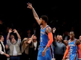 Paul George, from the Oklahoma City Thunder, put on a sensational performance in Brooklyn en route to a comeback victory over the Nets. (Image: Julio Cortez/AP)