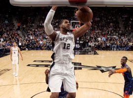 LaMarcus Aldridge from the San Antonio Spurs throws down a dunk against the Oklahoma City Thunder. (Image: Getty)