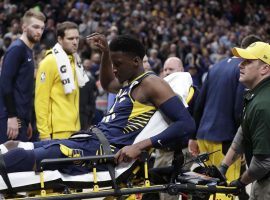 Victor Oladipo from the Indiana Pacers carted off the court after an injury against the Toronto Raptors in Indianapolis. (Image: AP)