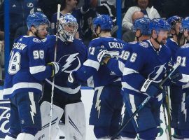 Tampa Bay Lightning goalie Andrei Vasilevskiy (second from left) is greeted by his team after a shutout victory against the Columbus Blue Jackets in Tampa. (Image: Dirk Shadd/Tampa Bay Times)