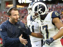 Sean McVay, head coach of the LA Rams, talks to WR Robert Woods during a game against the San Francisco 49ers in Santa Clara, CA. (Image: Getty)