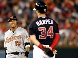 Baltimore Orioles shortstop Manny Machado and Bryce Harper of the Washington Nationals during a game at Nationals Park. (Image: Getty)