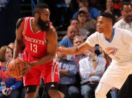 Houston Rockets guard James Harden (13) defended by Oklahoma City Thunder guard Russell Westbrook (0) during a Thunder/Rockets game in Oklahoma City. (Image: Layne Murdoch/Getty)