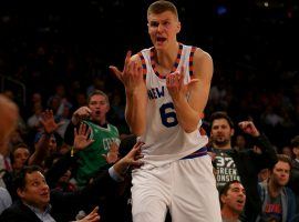 Kristaps Porzingis, center from the New York Knicks, in a game against the Boston Celtics in 2017. (Image: Getty)