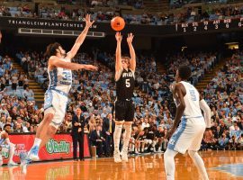 Storm Murphy, shooting guard from Wofford, during their upset of UNC in Chapel Hill, NC in 2017. (Image: Bob Donnan/USA Today Sports)