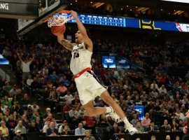 Gonzaga forward Brandon Clarke throws down a dunk against Baylor in a March Madness game in Salt Lake City, Utah. (Image: Gary Vasquez/USA Today Sports)