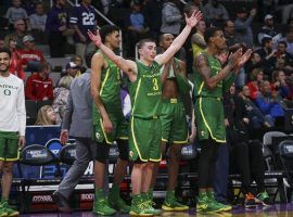 Oregon Ducks guard Payton Pritchard (3) celebrates after Oregon defeated Wisconsin in a March Madness game in Columbia, SC. (Image: Samuel Marshall/Oregon Athletics)