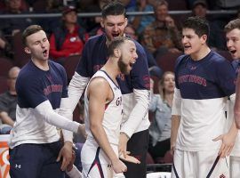 St. Mary's guard Jordan Ford celebrates with his teammates after defeating the top-ranked Gonzaga Bulldogs in the WCC Tournament finals at the Orleans Arena in Las Vegas. (Image: Kyle Terada/USA Today Sports)