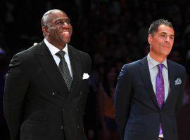 Magic Johnson and Rob Pelinka have been entrusted to run the Lakers organization, but the two shoulder a lot of the blame for the dismal season. (Image: Getty)