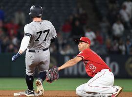 Yankees outfield Clint Frazier (77) sprained his ankle in an extra innings game against the LA Angels in Anaheim, CA. (Image: Richard Mackson/USA Today Sports)