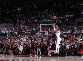 Damian Lillard hit a 37-foot shot at the buzzer to eliminate the Oklahoma City Thunder from the NBA Playoffs. (Image: Sam Forencich/Getty)