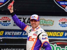 Denny Hamlin overcame a mix of penalties and errors to win the Oâ€™Reilly Auto Parts 500 at Texas Motor Speedway. (Image: Jerome Miron/USA Today Sports)